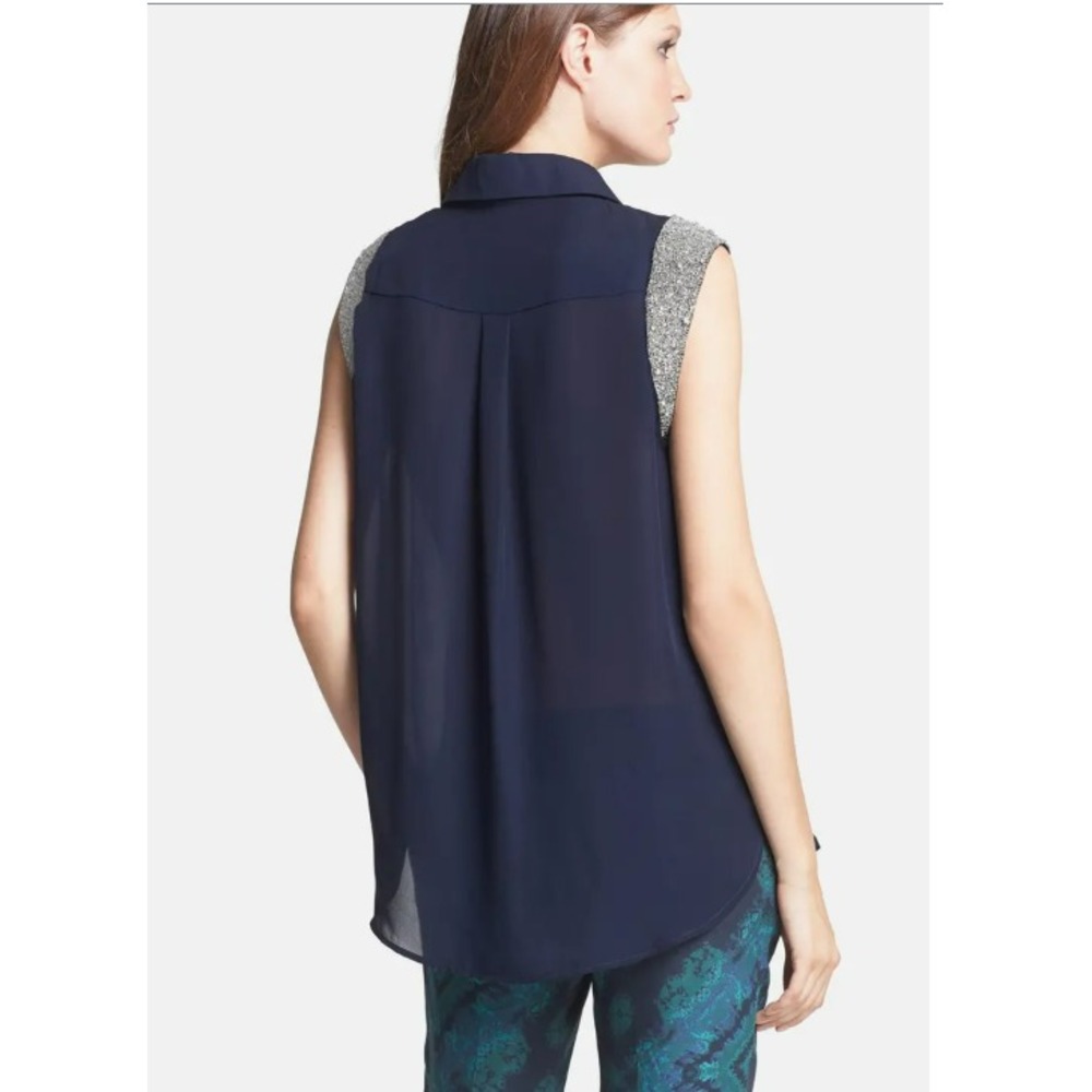 Women's HAUTE HIPPIE Navy Blue Beaded Embellished Cap Sleeve Silk Blouse S $395 - Picture 2 of 16